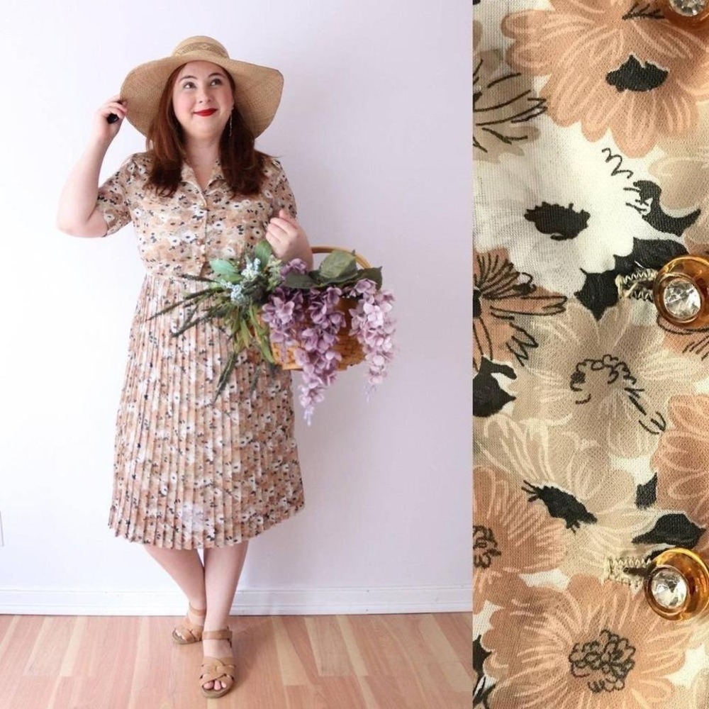 Vintage Floral Pleated‎ Midi Dress Tan Brown Rhinestone Button Side Zip 1950s